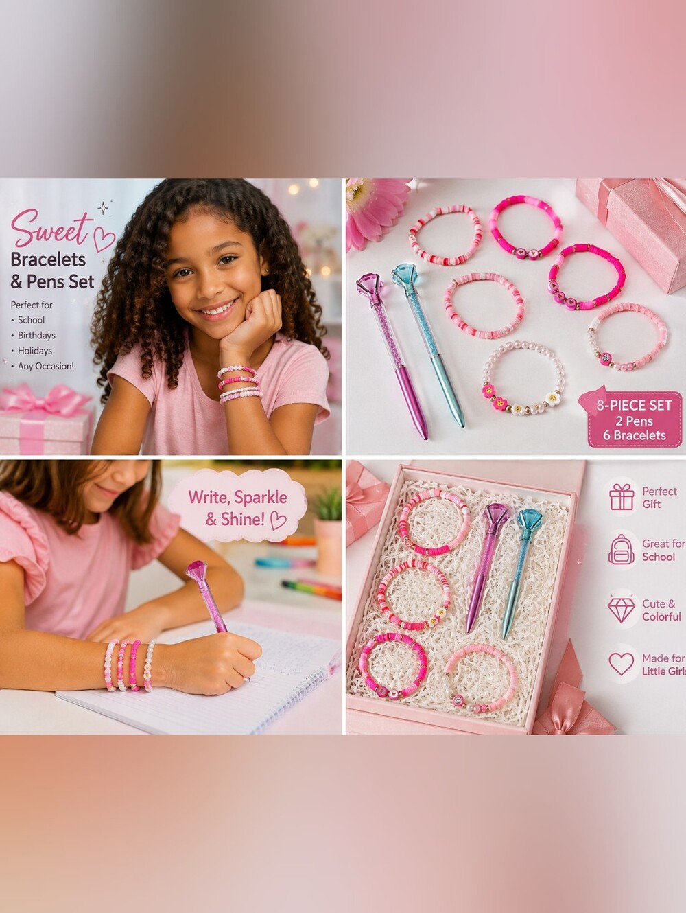 Girls 8-Piece Bracelet & Sparkle Pen Gift Set | Birthday Christmas School Gift
